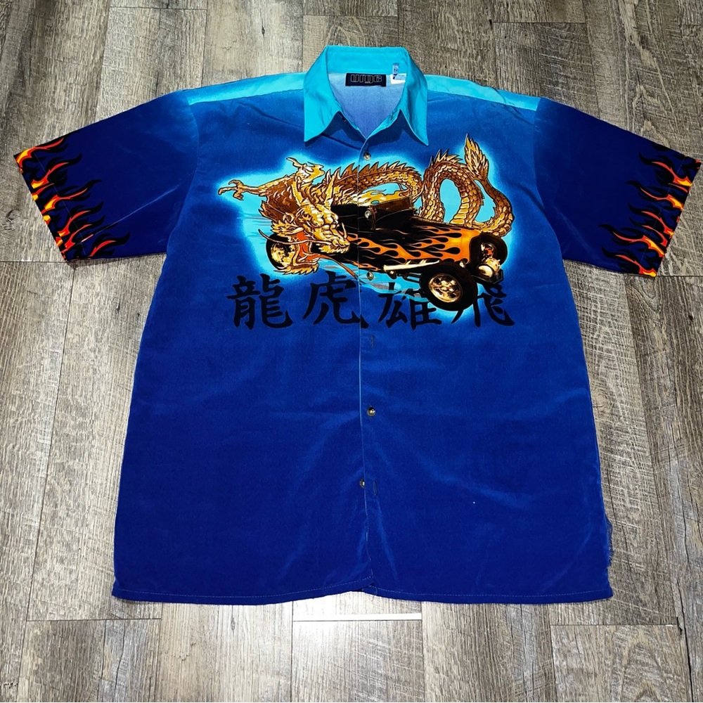 Vintage Samurai Anime Dragon Y2K Urge Impulse Shirt Front Back Print Blue Mens L